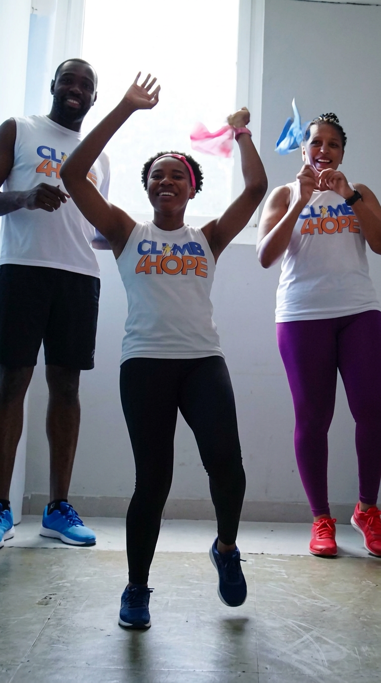 Climbers gathered at a tower climb for cancer awareness in Abidjan
